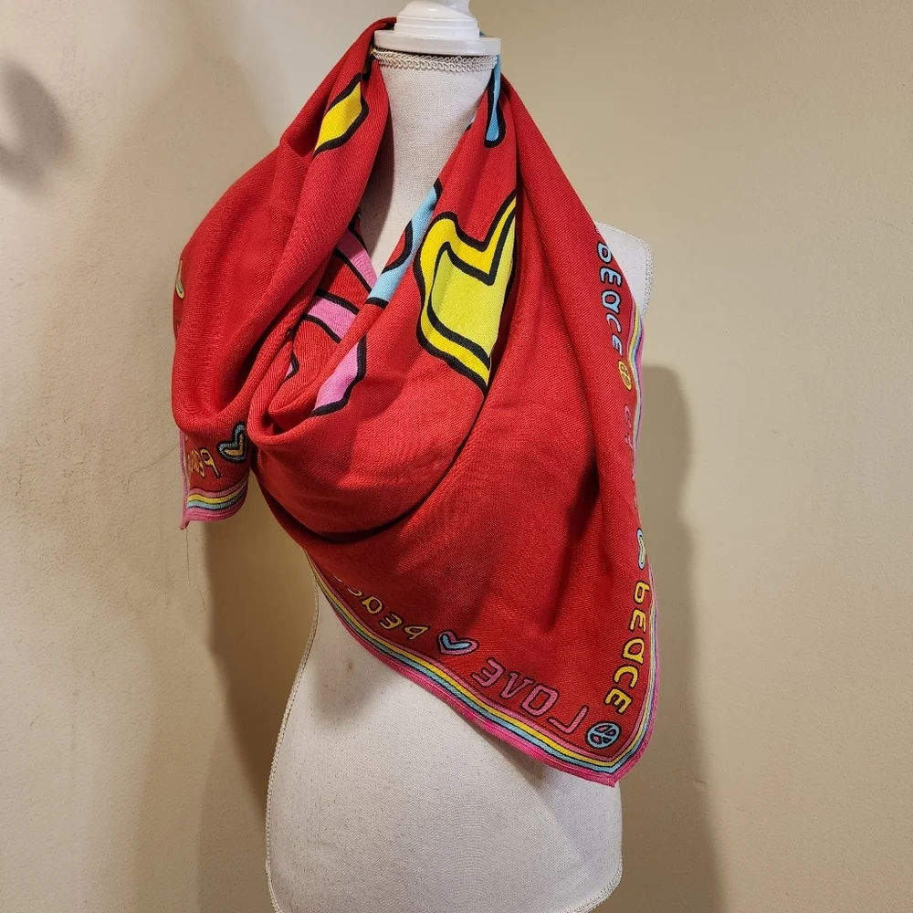 OLD NAVY Red 'Give Peace Love' Wrap Scarf Tapestry OS
